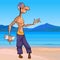 Cartoon male yogi walks along the seashore and composes