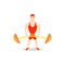 Cartoon man barbell exercises: squat, deadlift, overhead press.