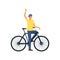 Cartoon man with bicycle standing and waving, happy male cyclist with helmet stopped on bike ride to greet someone.