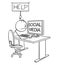 Cartoon of Man or Businessman Addicted to Social Media Holding Help Sign