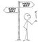 Cartoon of Man or Businessman Making Decision by Flipping a Coin Under Easy or Hard Way Arrows