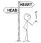 Cartoon of Man or Businessman Making Decision by Flipping a Coin Under Head or Heart Arrows