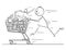 Cartoon of Man or Businessman Running and Pushing Shopping Cart Full of Goods