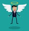 Cartoon man character in business suit with wings