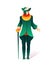 Cartoon man character standing in green venetian festive costume or colorful harlequin dress and facial mask with cane