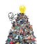 Cartoon Man Climbing up a big Pile of Garbage Happy to see a Yellow light Bulb