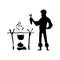 Cartoon man cooking fish stew on bonfire - black isolated silhouette.