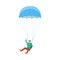 Cartoon man flying with blue parachute and waving