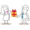 Cartoon man giving gift box to flattered woman