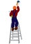 Cartoon man in hard hat on the ladder painting wall