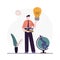 Cartoon man have new idea of online learning. Male student holding big light bulb. Happy teacher offers education idea