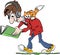 Cartoon man with his cat on his back walking while reading a book and listening to music vector illustration