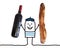 Cartoon man holding big french bread and wine bottle photos