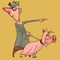 Cartoon man holding a pig on a leash