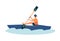 Cartoon man kayaking in river in blue kayak - isolated athlete doing extreme sport