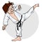 Cartoon man in a kimono with a black belt in kicking pose yoko geri
