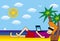 Cartoon man with laptop lies on the beach on the beach under the palm trees.