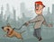 Cartoon man leads a happily jumping dog on a leash walking around the city