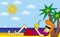 A cartoon man lies on the beach by the sea under the palm trees. Vector picture.