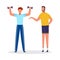 Cartoon man lifting weights with personal coach. Sport coach helping client