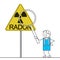 Cartoon Man with magnifying glass and sign indicating to be careful of the presence of dangerous radon gas