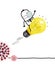 Cartoon Man with mask, escaping Virus with a Light Bulb Rocket