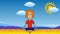 Cartoon man meditating on the beach against the backdrop of the sea, clouds and sun