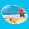 Cartoon Man Play Flying Disk with Dog Sand Beach