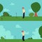 Cartoon man playing golf in summer field - happy golfer swinging a club