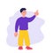 Cartoon man with a pointing finger. Male pointing or attracting viewers attention. Bright hand drawn boy with raised finger