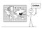 Cartoon of Man Pointing at People`s Republic of China or PRC on Wall World Map