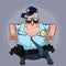 Cartoon man in a police uniform wants to seize