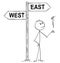 Cartoon of Man, Politician or Businessman Making Decision by Flipping a Coin Under West or East Arrows