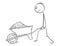 Cartoon of Man Pushing Wheelbarrow With Soil, Mud, Sand or Mulch.