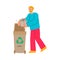 Cartoon man putting cardboard gift box in paper recycling bin