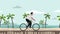 Cartoon man riding a bicycle outdoors. 3D rendering, motion graphic animation.
