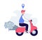 Cartoon man riding scooter with location tag icon floating above