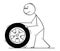 Cartoon of Man Rolling Car Wheel and Tyre