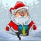 Cartoon man in a santa claus costume running through the winter forest