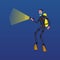 Cartoon man in scuba diving costume holding flashlight to see in dark water