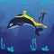 Cartoon man scuba diving with dolphin underwater - diver in yellow costume