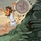 Cartoon man Sisyphus runs down the mountain he is overtaken by a coin