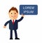 Cartoon man in the suit. Concept idea. illustration of a creative young cartoon businessman holding a sign for your text