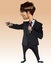 Cartoon man in suit with microphone in hand pointing finger