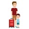 Cartoon man in sweatpants with travel briefcase and boy