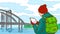 Cartoon man with a tablet is outdoor near a river with a bridge in cold spring day