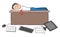 Cartoon man threw the computer and papers on the floor and is sleeping on the desk, vector illustration