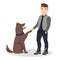 Cartoon man training and teaching his pet to commands. A dog giving a paw to his owner. Flat vector cartoon illustration