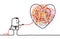 Cartoon Man Untangling a Big Doodle Heart