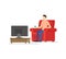 Cartoon Man Watches TV Concept. Vector